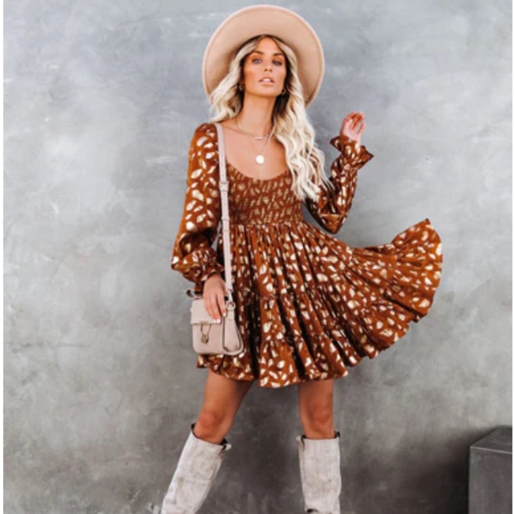 VICI Feathers Fly Smocked Metallic Babydoll Dress